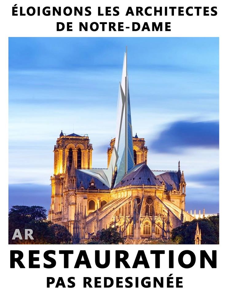 affiche montrant la cathétrale Notre-dame de paris affectée d'une flèche moderne en verre et acier